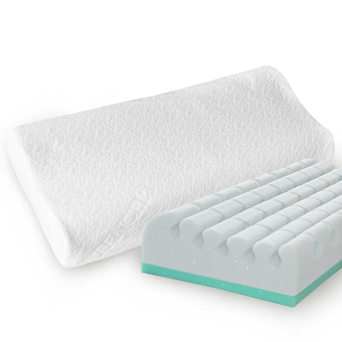 Cuscino cervicale ortopedico in memory foam, profilo cubico, altezza regolabile con strato rimovibile