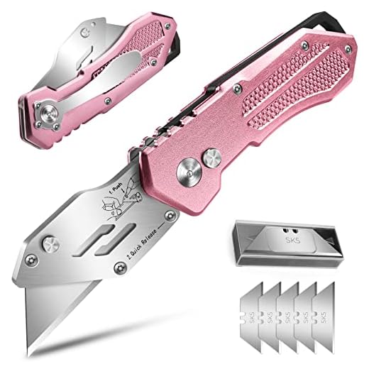 Pink Box Cutter Folding Utility Knife Heavy Duty Lockback Design Aluminum Body Box Cutters Carpet Knife with 5PCS Utility Knife Blades (Pink)