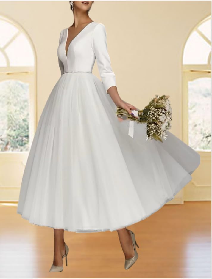 Long Sleeve Wedding Dresses for Bride Tulle Formal Dress for Women Deep V Neck Bridal Gowns 20242