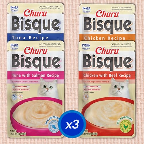 Image of INABA Churu Bisque for Cats, Creamy Lickable Puree Side Dish with Vitamin E, 1.4 Ounces per Pouch, 12 Pouches, Tuna & Chicken Variety