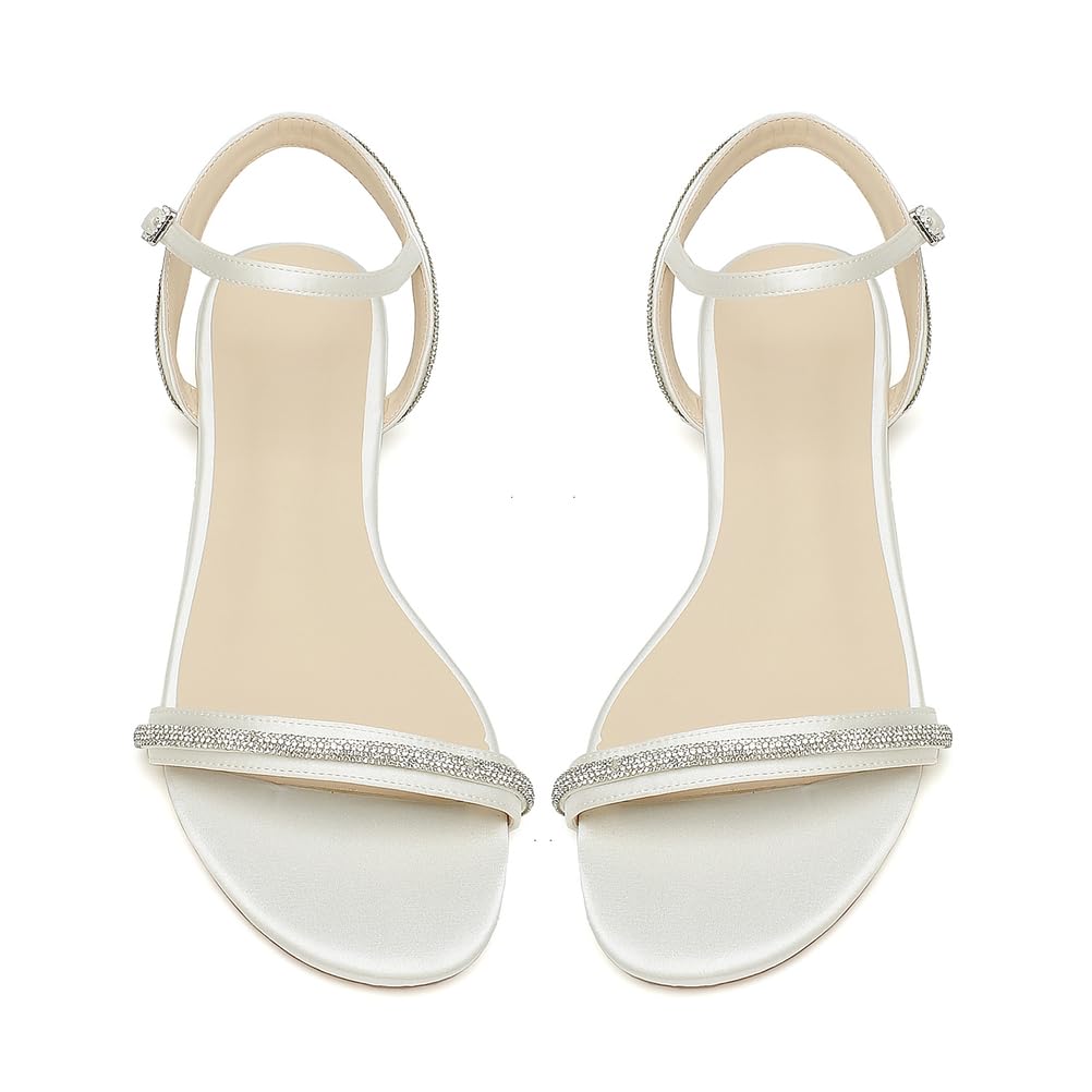 Flache Hochzeitssandalen Damen Satin Strass Knöchelriemen Offener Zehen Slingback Strand Brautschuhe
