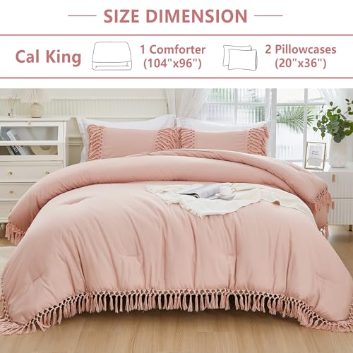 Image of Andency Pink Comforter Set California King, 3 Pieces Boho Tassel Lightweight Soft Bedding Comforter Sets for King Bed, All Season Fluffy Fringe Bed Set (104x96In Comforter & 2 Pillowcases)