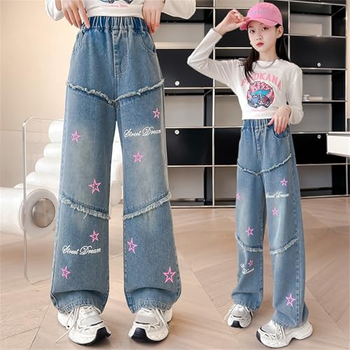 Jeans for Kids Girls Baggy Star Wide Leg Denim Pants Cute Elastic Waist Stripes Trousers Trendy Streetwear with Pockets4