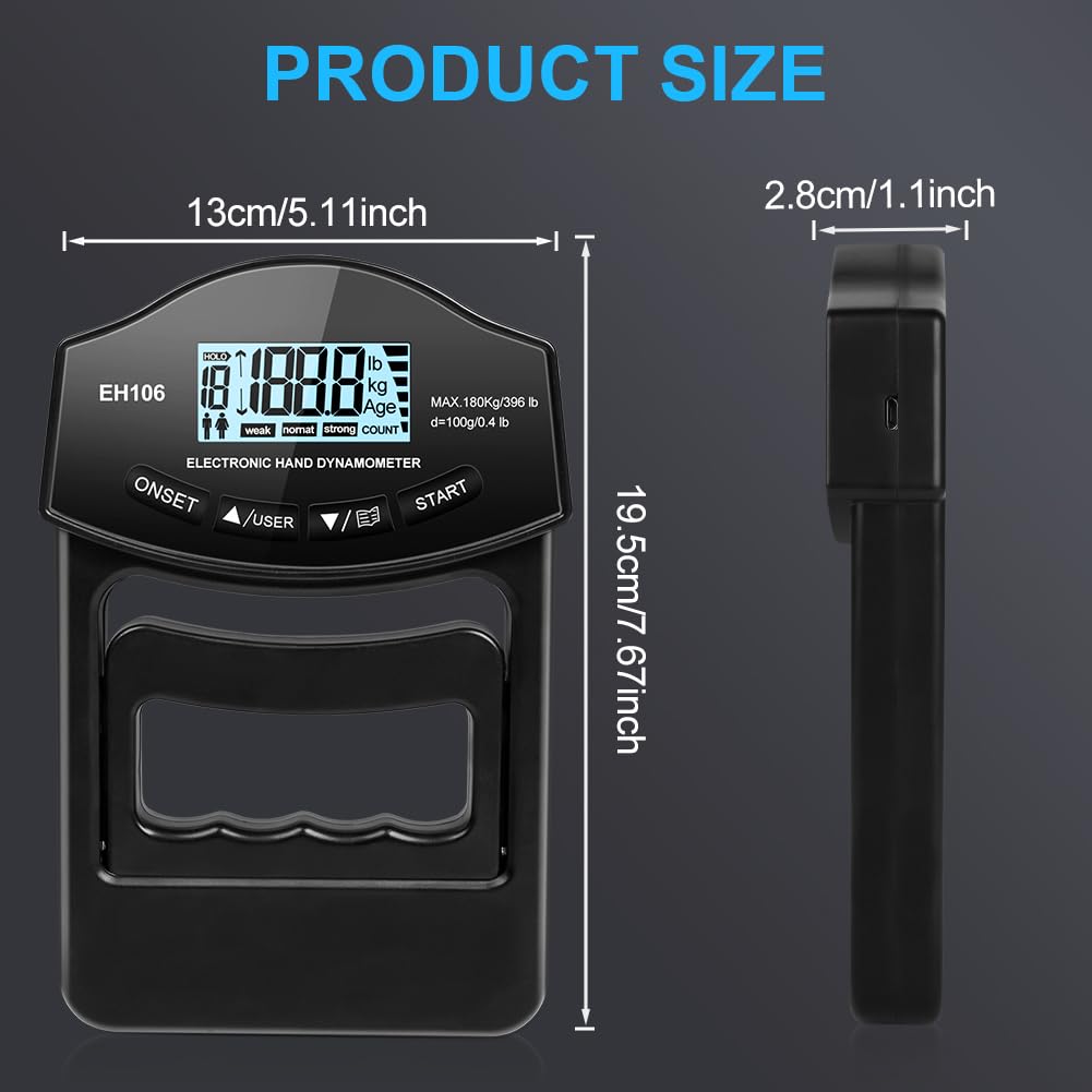 OSDUE Dynamomètre à main électronique 180kg/396lbs ou 120kg/264lbs ou 50kg/110lbs, Dynamomètre numérique portatif, Avec câble de charge USB - Intelligent et sensible - Noir/Rose/Bleu