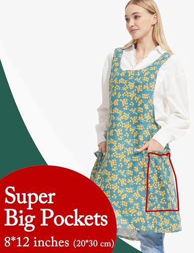 Image of Cozy Adjustable Cross Back Aprons for Women with Pockets Cotton Linen Cooking Kitchen Baking