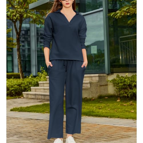 Lounge Sets for Women 2 Piece Outfits Long Sleeve V Neck Pullover Sweatshirts Wide Leg Pants Travel Tracksuit Set3