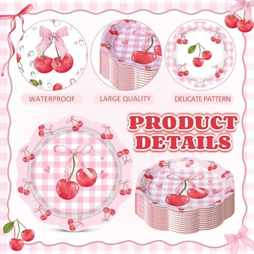 Image of Funnymoom 60 Pcs 7 Inch Cherry Bow Paper Plate Pink Cherries Birthday Decoration She's The Cherry on Top Party Supplies Disposable Scalloped Gingham Dessert Cake Plate for Fruit Baby Shower Party