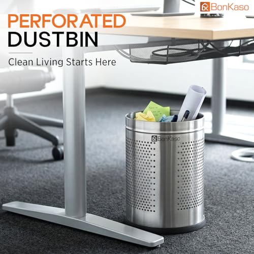 Image of Bonkaso 9L Stainless Steel Perforated Dustbin (8x12 Inch), Open Top Trash Bin Without Lid, Rust Proof & Durable Garbage Can for Home, Kitchen, Bathroom & Office Use, Silver Finish