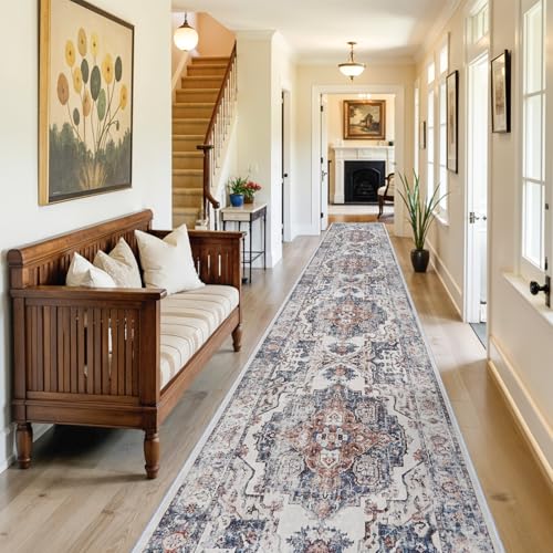 Washable 3x18 Hallway Runner Rug: Vintage Low Pile Soft Kitchen Entry Runner Long Non-Shedding Distressed Carpet for Living Room Dining Room Non Slip Thin Floor Mat for Bathroom Bedroom (3X18, Brick)