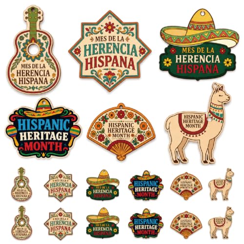 Novabright 30 Pcs Hispanic Heritage Month Unfinished Wooden Cutouts, DIY Wood Crafts Kit, Mes De La Herencia Hispana Party Deco, 6 Cultural Designs Blank Wood Slices for Painting and Event Decor