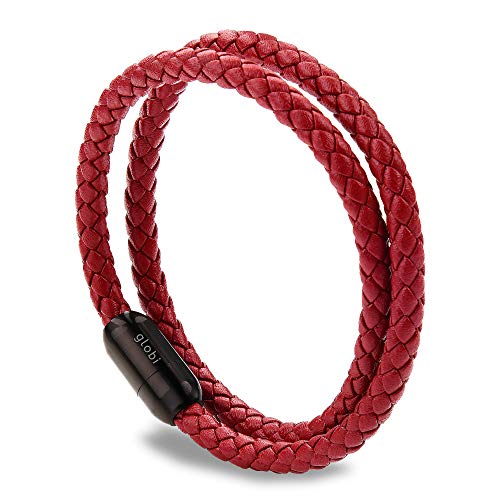 Globi Leather Bracelet For Men | Genuine Wrap Braided Leather Cuff Bangle Bracelet with Magnetic Stainless Steel Clasp For Men/Women (Red 8”)