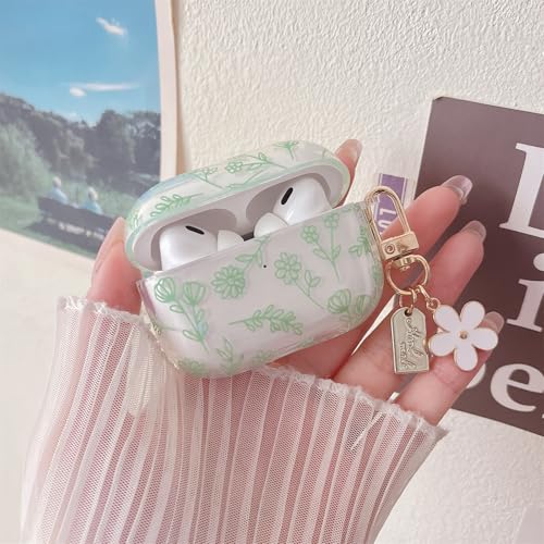 Image of MINSCOSE Compatible with AirPods Pro2 Clear Case,Cute Flower Floral Aesthetic Design with Flowers Keychain, Soft TPU Protective Shockproof Case for Women Girl for Airpods Pro2-Green