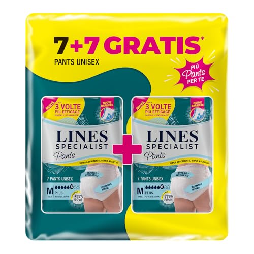 DERMATOLOGICAMENTE TESTATO Lines Specialist Pants Plus Unisex, Mutande Assorbenti per Incontinenza Donna e Uomo, Asciutto Lampo e Massima Protezione, Zero Odore, Taglia M, Confezione da 14 Pezzi