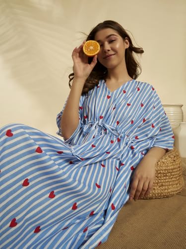 Image of Ravaiyaa Women Printed Cotton V-Neck Knee Length Kaftan Dress Nighty