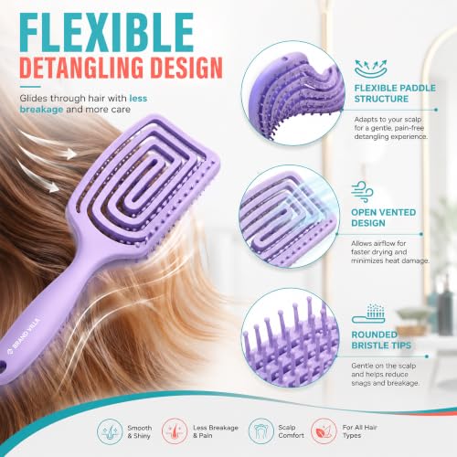 Image of BRAND VILLA Detangling Hair Brush for Women & Men | Anti Hair Fall Comb for Wet & Dry Hair | Flexible Vent Paddle Brush with Scalp Massager | Frizz Control for Curly, Straight, Thick, Long & Wavy Hair (Purple)