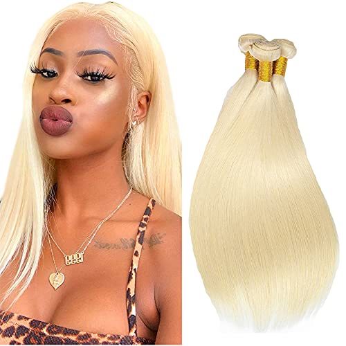 Freiuoke Blonde Human Hair Bundles 613 Honey Blonde Bundles Straight 3 Bundles 100% Brazilian Virgin Remy Hair Human Hair Bundles Straight Hair Weave Extension(26 28 30 Inch)