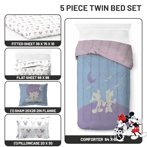 Image of Disney Mickey and Minnie Mouse Twin Comforter Set 5 Piece Bedding, Grey | Bed in a Bag, Comforter Sheets Sham Pillowcase, Official Product, Soft Microfiber, Machine Washable, Easy Care, Kids Gift