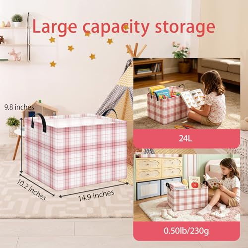 Image of Pink Plaid Waterproof Multipurpose Foldable Storage Cift Basket with Leather Handle,Baby shower,Home,Picnic,Trunk(Pink Plaid)