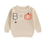 Yassiglia Baby Halloween Strickpullover Kleinkinder Kürbis/Geist Sweatshirt Langarm Rundhals Gestrickter Pullover Neugeborenes Baby My First Halloween Outfit (Beige Boo, 6-9 Months)