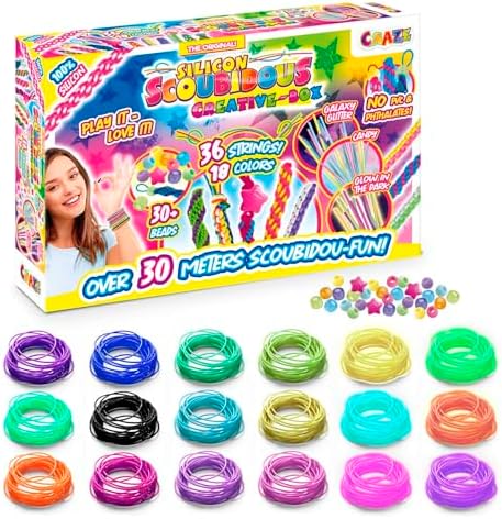 CRAZE SCOUBIDOU Bänder Kreativ Box – 36 Silikon Skubidubänder inkl. 30+ Anhängsel & Perlen – Scoubidou Bänder Glitzer, Neon & Candy – Kinder Bastelset, Creative Box, 36 Farben