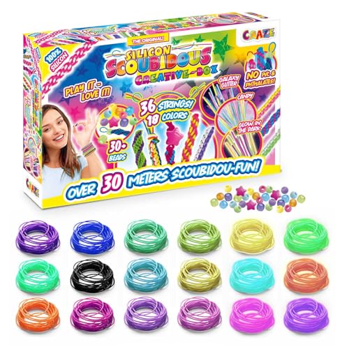 CRAZE Coffret Scoubidou – Kit Créatif Enfant avec 36 fils Scoubidous multicolores (pailletés, fluorescents, néon) + 30 perles et charms – Loisirs créatifs bracelets & bijoux