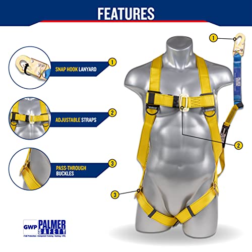Palmer Safety Fall Protection Safety Harness W/Detachable 6' Single Leg Lanyard I External Shock Absorber Lanyard I Osha/Ansi Fall Arrest Kit I Ideal For Industrial & Construction Use (Yellow - 1Pk) #TOP1