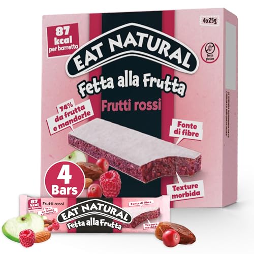 Eat Natural Fetta alla Frutta, 4 Barrette Morbide ai Frutti Rossi con Datteri e Mandorle, Fonte di Fibre, Senza Glutine, Ingredienti Naturali, Senza Aromi Artificiali, 4 x 25 g