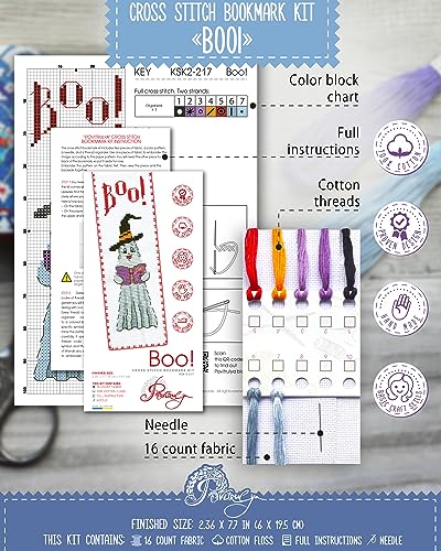 Image of Povitrulya Boo! Halloween Counted Cross Stitch Bookmark Kit - DIY Embroidery Set for Adults