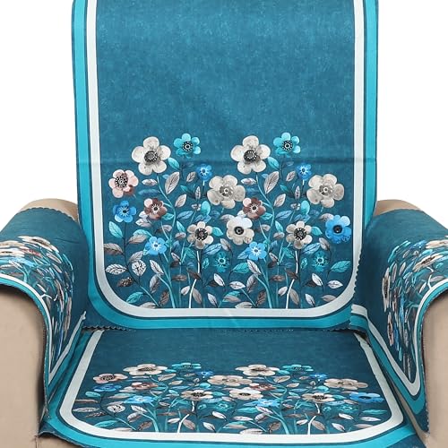 Image of Velvet 3 Seater Sofa Cover with 6 Seat and Back Covers, 2 Hand Rest Covers - Floral Design - Washable Fabric - Stylish Sofa Cover for Modern Living Room (Aqua, 3 Seater With Arm Cover)