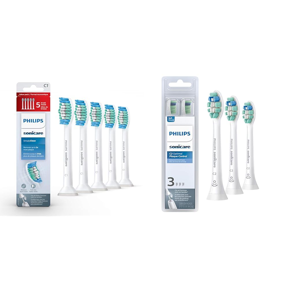 Philips Sonicare Genuine SimplyClean Replacement Toothbrush Heads, 5 Brush Heads, White, HX6015/03 & Genuine C2 Optimal Plaque Control Toothbrush Heads, 3 Brush Heads, White, HX9023/65