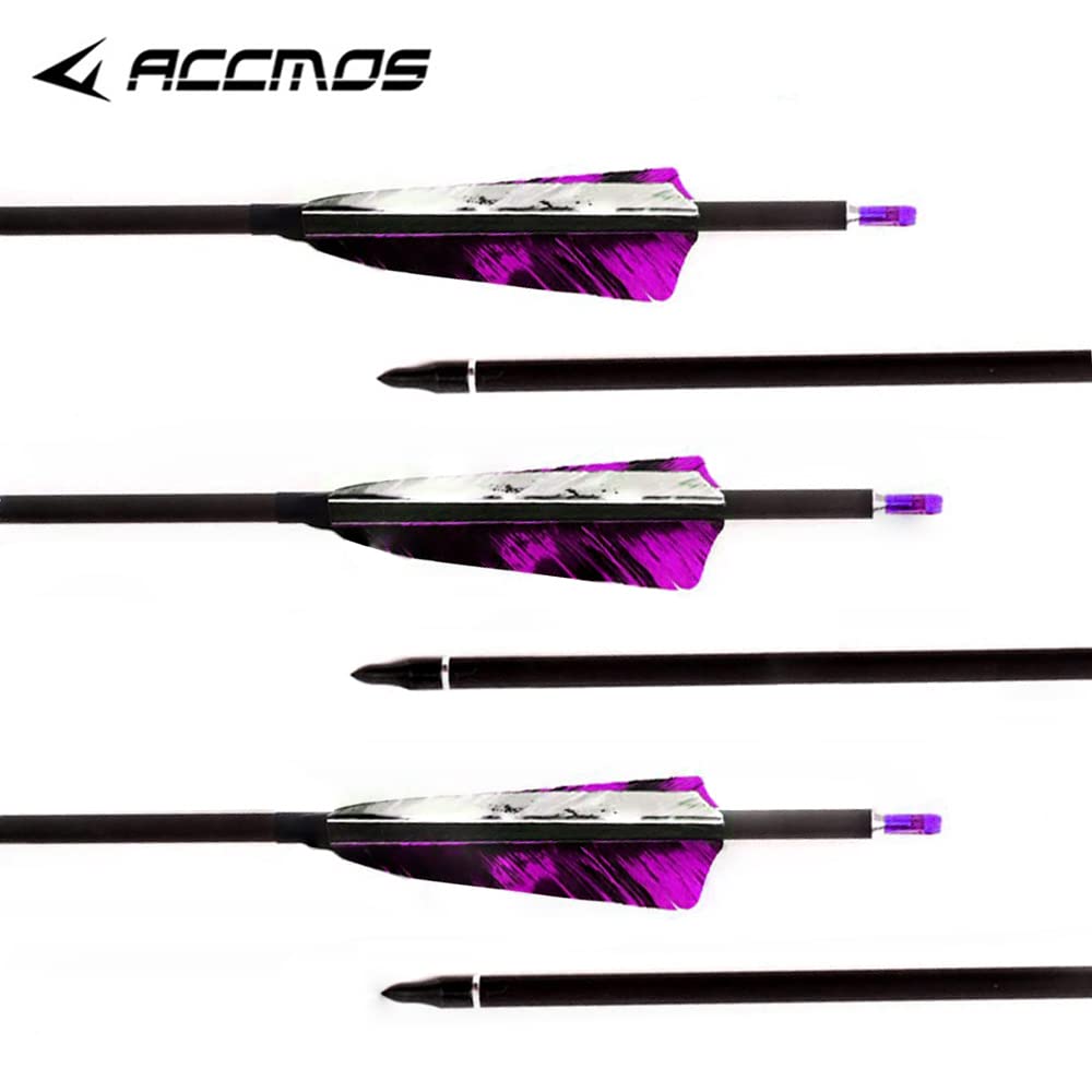 ACCMOS 6pz Blanco Púrpura Pluma Flechas de Caza Spine 250 300 340 400 500 600 700 800 ID 6.2 mm 4" Pluma de Pavo de Camo 27-33 Pulgadas para Arco y Flecha Tiros