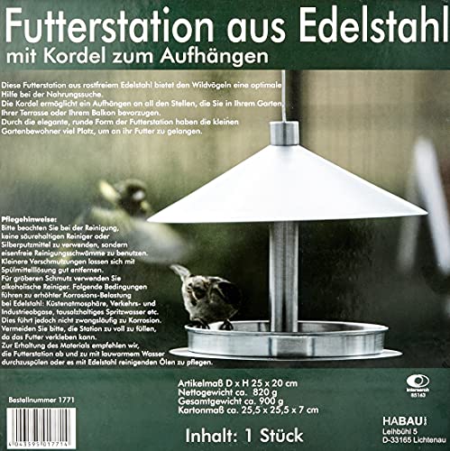 Habau 1771 Futterstation aus Edelstahl mit Kordel zum Aufhängen, Silber