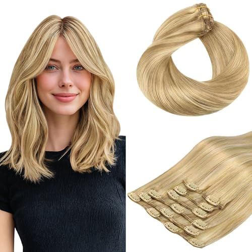 HOTBANANA Human Hair Clip in Hair Extensions Balayage Light Blonde Highlighted Golden Blonde (Ash Tone) 120g Clip in Hair Extensions Real Human Hair Straight Remy 14 Inch 7pcs