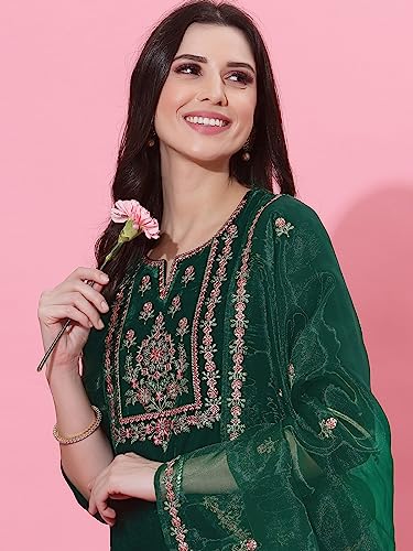 Image of SIRIL Women's Velvet Embroidery Straight Kurta Pant with Dupatta