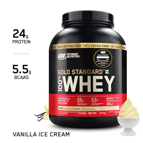 Image of Optimum Nutrition (ON) Gold Standard 100% Whey Protein Powder 5 lb (+10% Extra), 2.5 kg (Vanilla Ice Cream), for Muscle Support & Recovery, Vegetarian - Primary Source Whey Isolate
