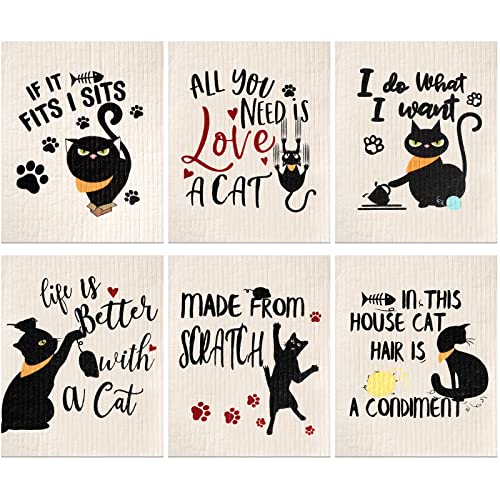 6 Pcs Funny Black Cat Swedish Kitchen Dishcloths, Reusable Sponge Swedish Cleaning Cloths Washable Dish Cloths Absorbent And Halloween Decorative Kitchen Towels Housewarming Gifts For Kitchen Bathroom #TOP8