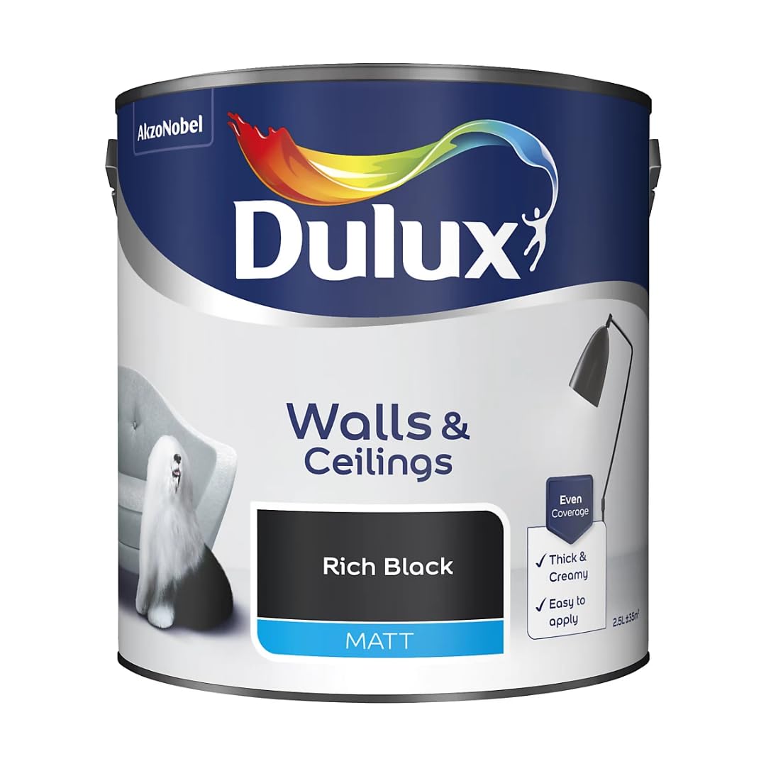 Rich Black & Ceilings Matt Emulsion Paint 2.5L – Smooth Creamy Finish, Quick Dry, Low VOC, Easy Application for Interior Walls & Ceilings