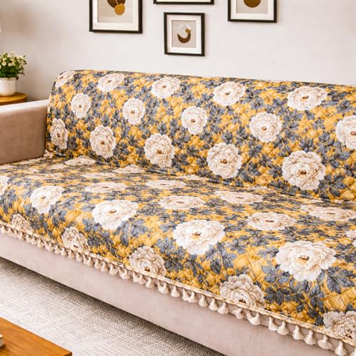 Image of Homerz Premium Printed Quilted Velvet Sofa Slip Cover Protector with Tassels, Sofa Mat, Exact Size, Antislip Cover (Antique Garden, 3 Seater, Full)