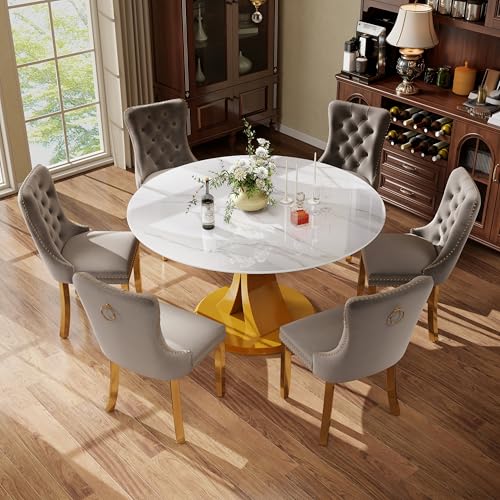 Image of 7-Piece Dining Table Set with 47In Faux Marble Table and 6 Velvet Upholstered Chairs, Modern Scandinavian Furniture for Dining Room Kitchen(Gray&Gold)