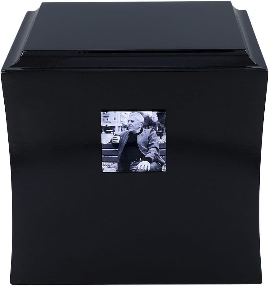 Personalized Wooden Cremation Urn with Photo for Adult Ashes, Black Memorial Box Urn with Picture, Elegant Funeral Keepsake Urn (Black &White)