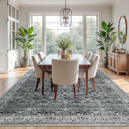 Moss Charcoal 9x12 Washable Rug, Vintage Floral Large Area Rug for Living Room Non-Slip Ultra Soft Bedroom Rugs Tribal Traditional Farmhouse Carpet for Dining Room Office Home Décor