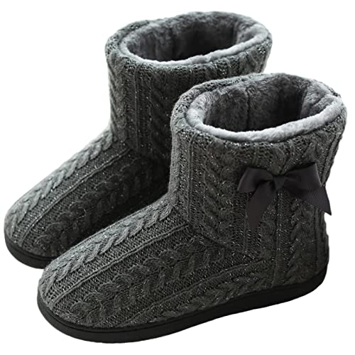 BUGUKI Slipper Boots Women Winter Knit Booties Slippers Ladies Ankle Fur Lined Memory Foam House Shoes Indoor Outdoor Gray 41 42