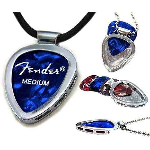PickBay Stainless Steel Guitar Pick Holder w BLACK LEATHER ADJ CORD Guitar Pick Pendant Necklace w Fender Guitar Pick Cover