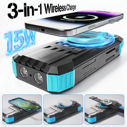 49800mAh Solar Power Bank with Hand Crank and 4 Cables, 3 in 1 Wireless Portable Charger with Camping Light & Compass, 25W Fast Charging USB C Battery for Camping Outdoor Emergency iPhone Android - Image 5