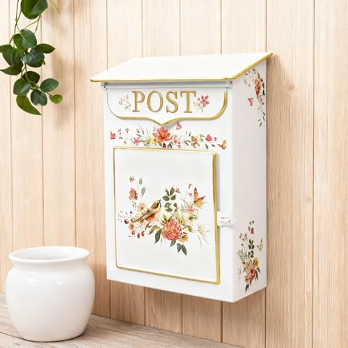 Image of Mailbox Wall Mount Mailboxes for Outside Vintage Mail Boxes for House Outside Metal Drop Box Antique Style Nostalgic Charm Home Decorative, Flower Pattern White