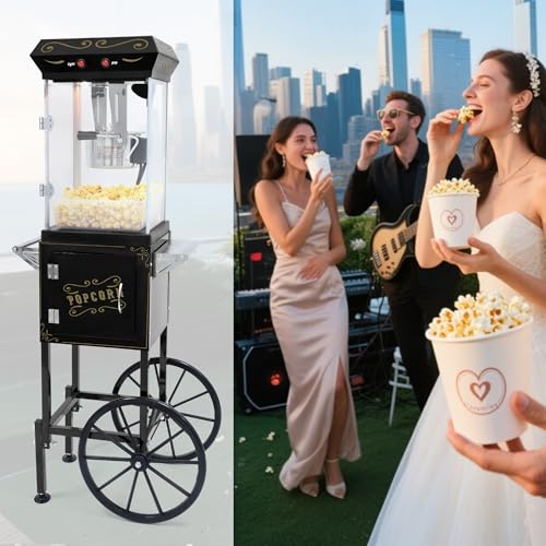 Image of Popcorn Machine with Cart & Wheels -Pop corn Machine Maker with 8OZ Stainless Steel Kettle, Popcorn Popper for Home, Parties, Movie Theater, Black