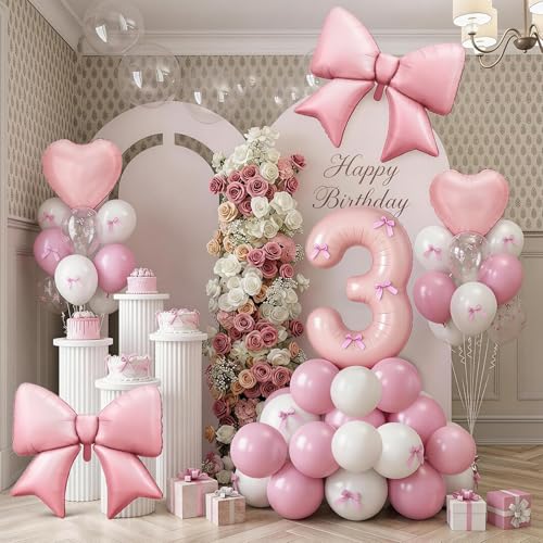 Image of 3rd Birthday Decorations for Girl,Pink 3 Balloons for Party Decorations | 3 Year Old Birthday Decoration,Anniversary Party Decor,Pink White Balloons,Bow Print Balloons,Heart Balloons