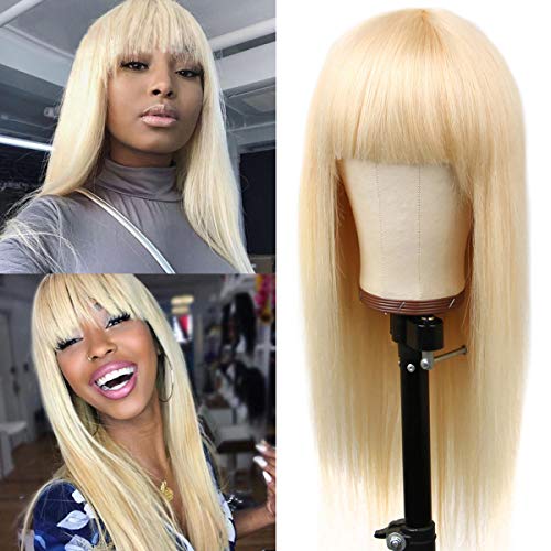 Kressi 613 Honey Blonde Brazilian Virign Hair 613 Straight Human Hair Wigs with Bangs 150% Density None Lace Front Blonde Wigs for Black Women Glueless Machine Made Wigs