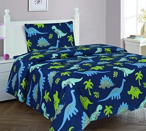 Elegant Home Dinosaurs Design Multicolor Dark Blue Green Sheet Set with Pillowcase Flat Fitted Sheet for Boys/Kids/Teens # Dinosaurs Blue 2 (Queen)