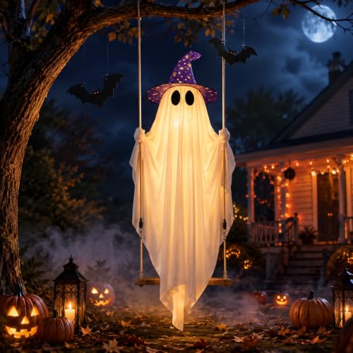 5' Sehloran Hanging Swinging Halloween Ghost w/ Bats & Witch Hat - image 2